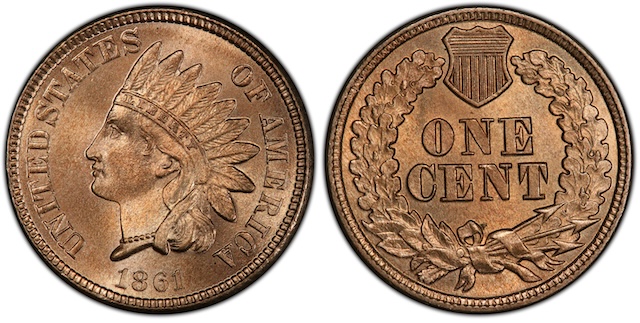 1861 Indian Head penny obverse showing Lady Liberty in feathered headdress on copper-nickel planchet
