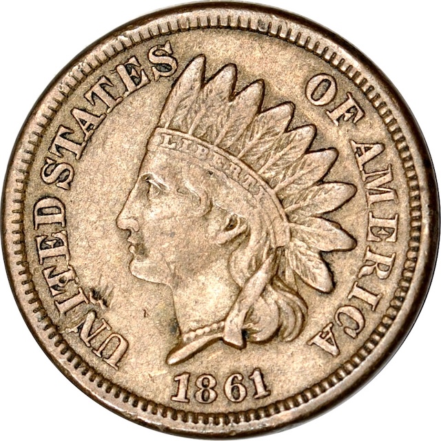 Snow-1 RPD-001 on 1861 Indian Head penny — close-up showing repunched date with ghost digits south of the primary 6 and 1