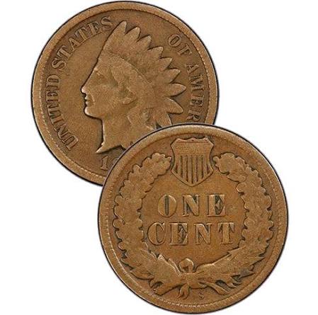 Grading strip of four 1861 Indian Head pennies showing conditions from Good (worn) through Fine, Extremely Fine, and Uncirculated Mint State